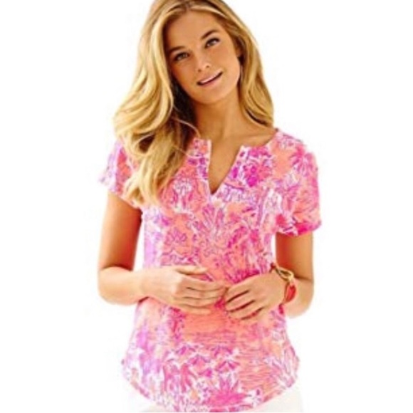 🌴LILLY PULITZER ‘Duval’ Notch Neck Linen Top in Cheeky Melon Rule Breakers - Picture 1 of 12